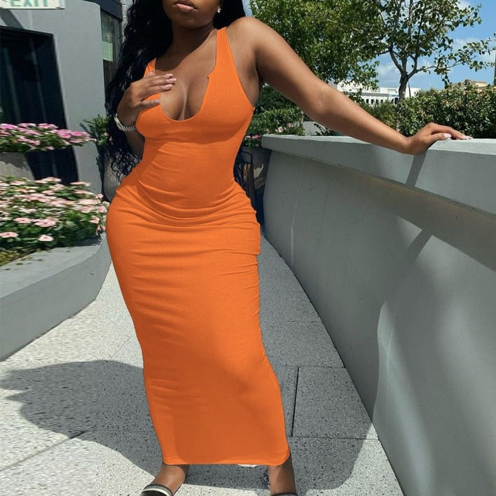 Ribbed Knitted Stripe Women Pure Sleeveless Midi Dress V Neck Bodycon Elegant 2022 Summer - MERGE.DAY.1.FREESTYLE