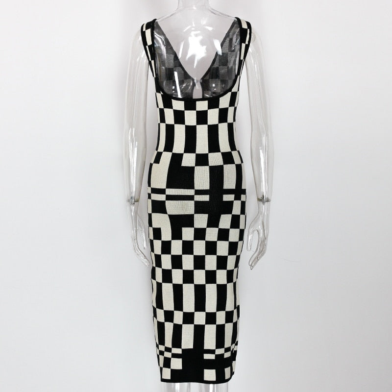 Knitted Sexy Bodycon Summer Women Dresses Backless Plaid Print Spaghetti Strap Hollow Out Vestidos - MERGE.DAY.1.FREESTYLE