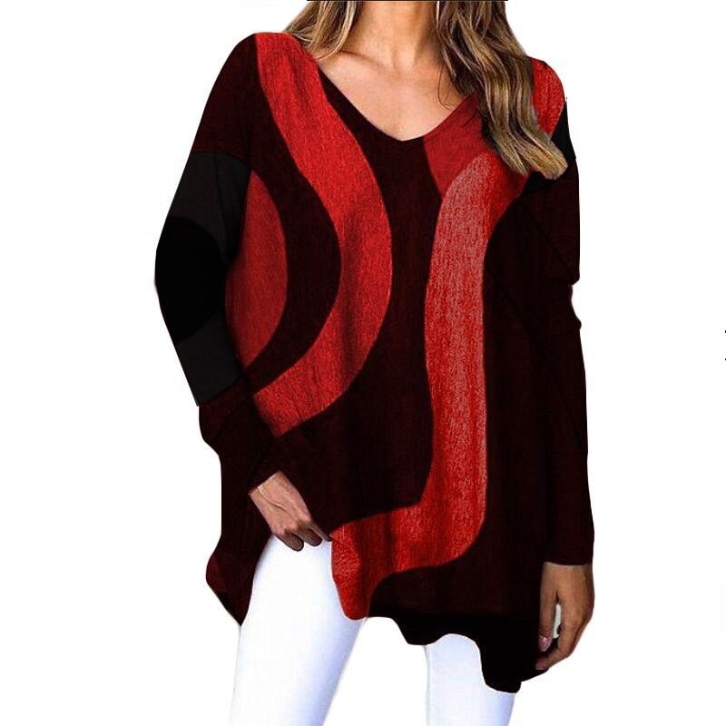 Striped Long Sleeve Printed T-Shirt Fashion V-Neck Streetwear Ladies Large Size Casual Top - MERGE.DAY.1.FREESTYLE