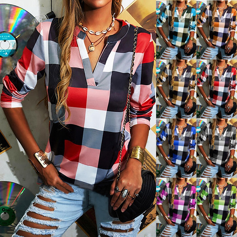 T-shirt Plaid Printed V-neck Long Sleeve Top Casual Loose Large Size Ladies T-shirt - MERGE.DAY.1.FREESTYLE
