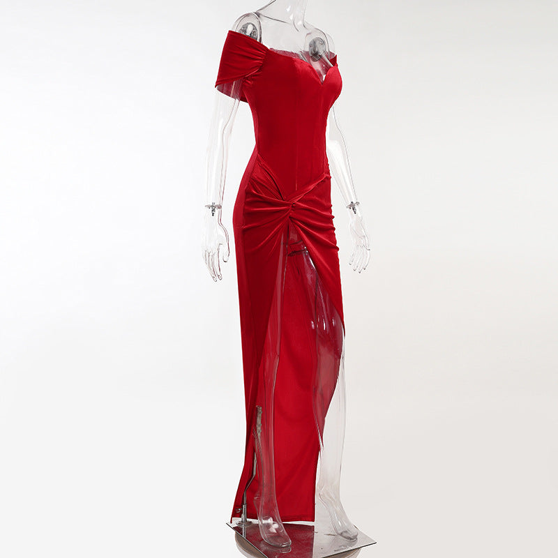 Summer Short Sleeve High Split Formal Evening Dress Women Solid Bodycon Long Dresses - MERGE.DAY.1.FREESTYLE