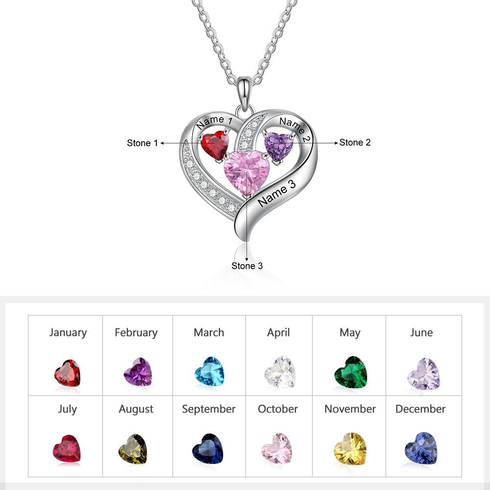 Name Engraved Heart Necklaces for Customized 3 Birthstone Necklace - MERGE.DAY.1.FREESTYLE