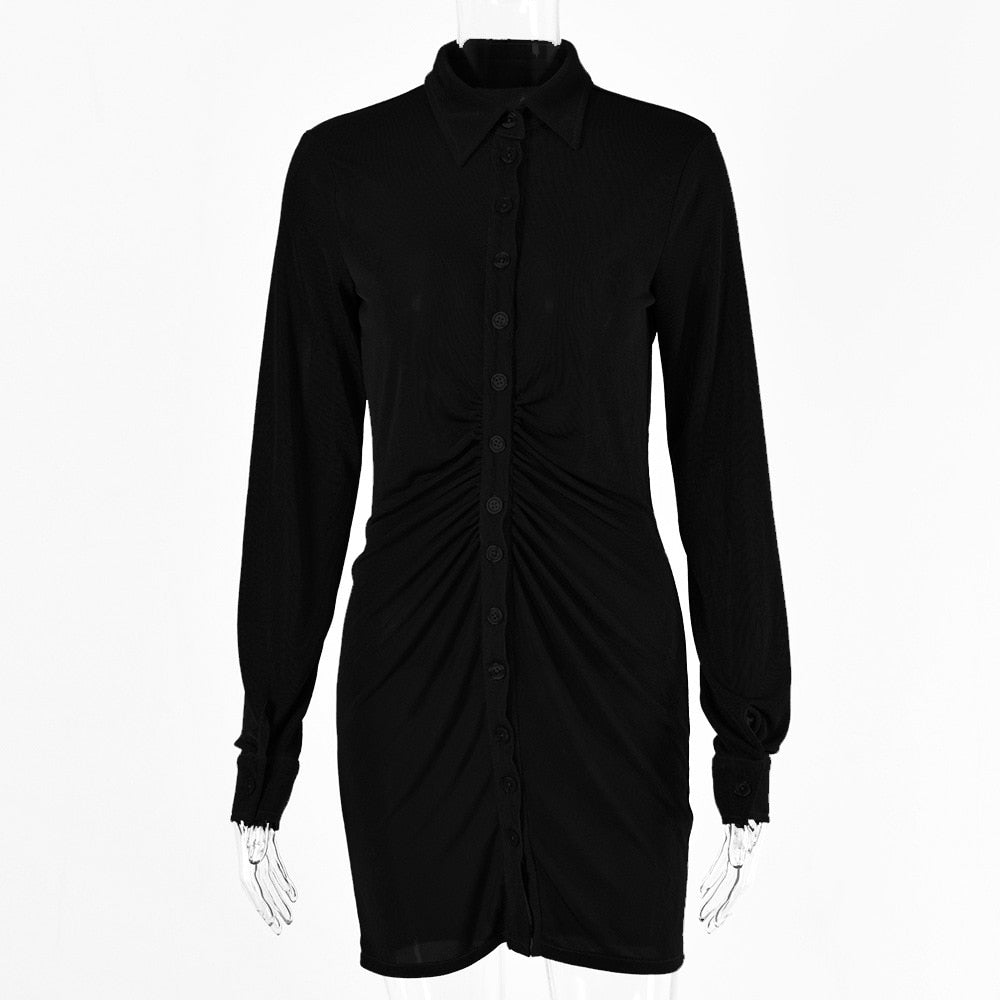 Autumn Ruched Long Sleeve Bodycon Dress Women Turn-Down Collar Sexy Mini Dress Vestidos 2022 - MERGE.DAY.1.FREESTYLE