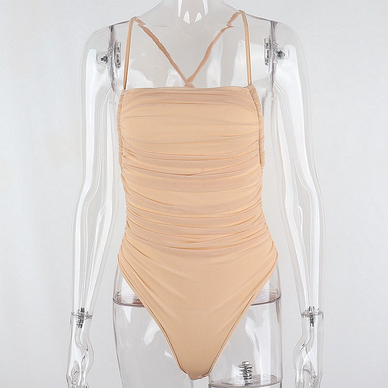 Sleeveless Chic Fashion Mesh Ruched Halter Bodysuit Women Female Tie Up Backless Body Suit - MERGE.DAY.1.FREESTYLE