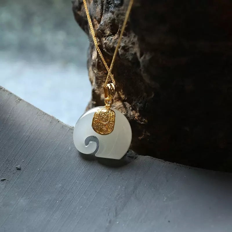 Vintage White Hetian Jade Elephant Pendant 18K Gold Plated Chain Necklace - MERGE.DAY.1.FREESTYLE