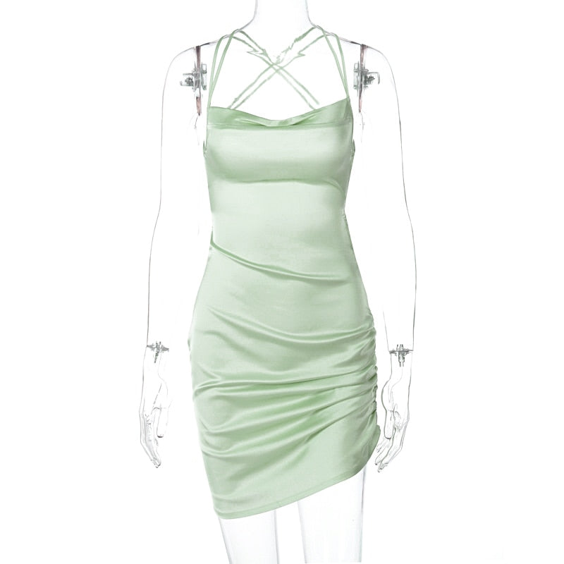 Satin Women Strap Mini Dress Ruched Lace Up Cross Bandage Backless Bodycon Sexy Party Elegant - MERGE.DAY.1.FREESTYLE