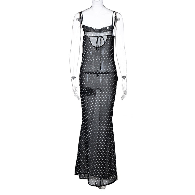 Sleeveless Zip Up Bandage Point Print Mesh See-Through Maxi Dress Sexy Clothings - MERGE.DAY.1.FREESTYLE