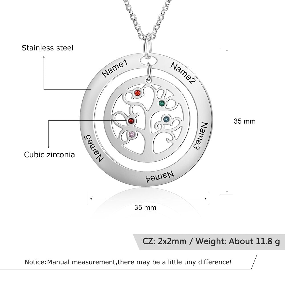 Tree of Life Name Necklace with Birthstone Name Engraved Pendant Family - MERGE.DAY.1.FREESTYLE