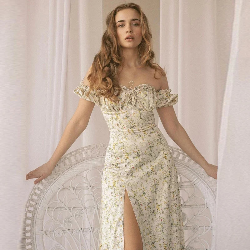Summer Floral Off Shoulder Puff Sleeve Maxi Dress - MERGE.DAY.1.FREESTYLE