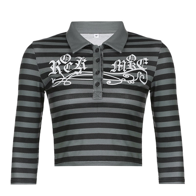 Goth Print Tops Stripe Cute T-Shirts Dark Academia Techwear Button Up V Neck Half Sleeve Sweat Shirts - MERGE.DAY.1.FREESTYLE