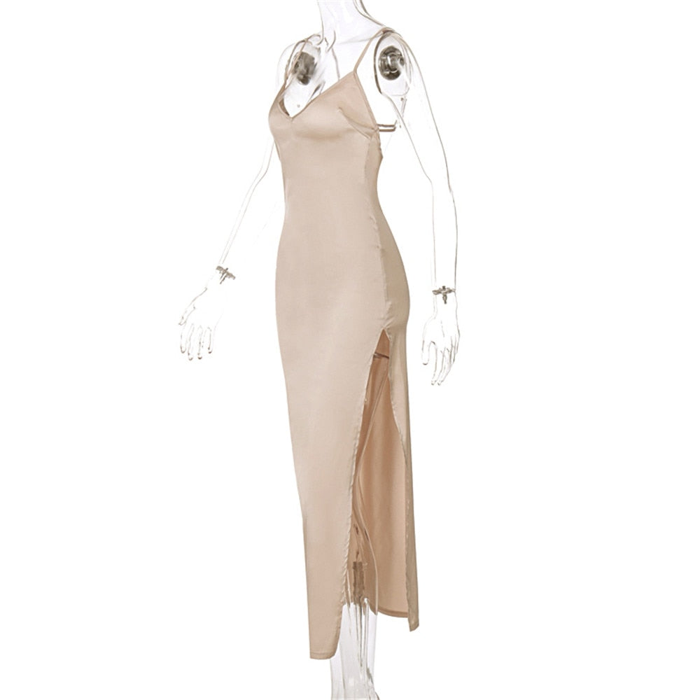 Spring Summer Women Satin Silky Spaghetti Strap Split Long Dress Elegant Sleeveless Backless Sexy Vestito - MERGE.DAY.1.FREESTYLE
