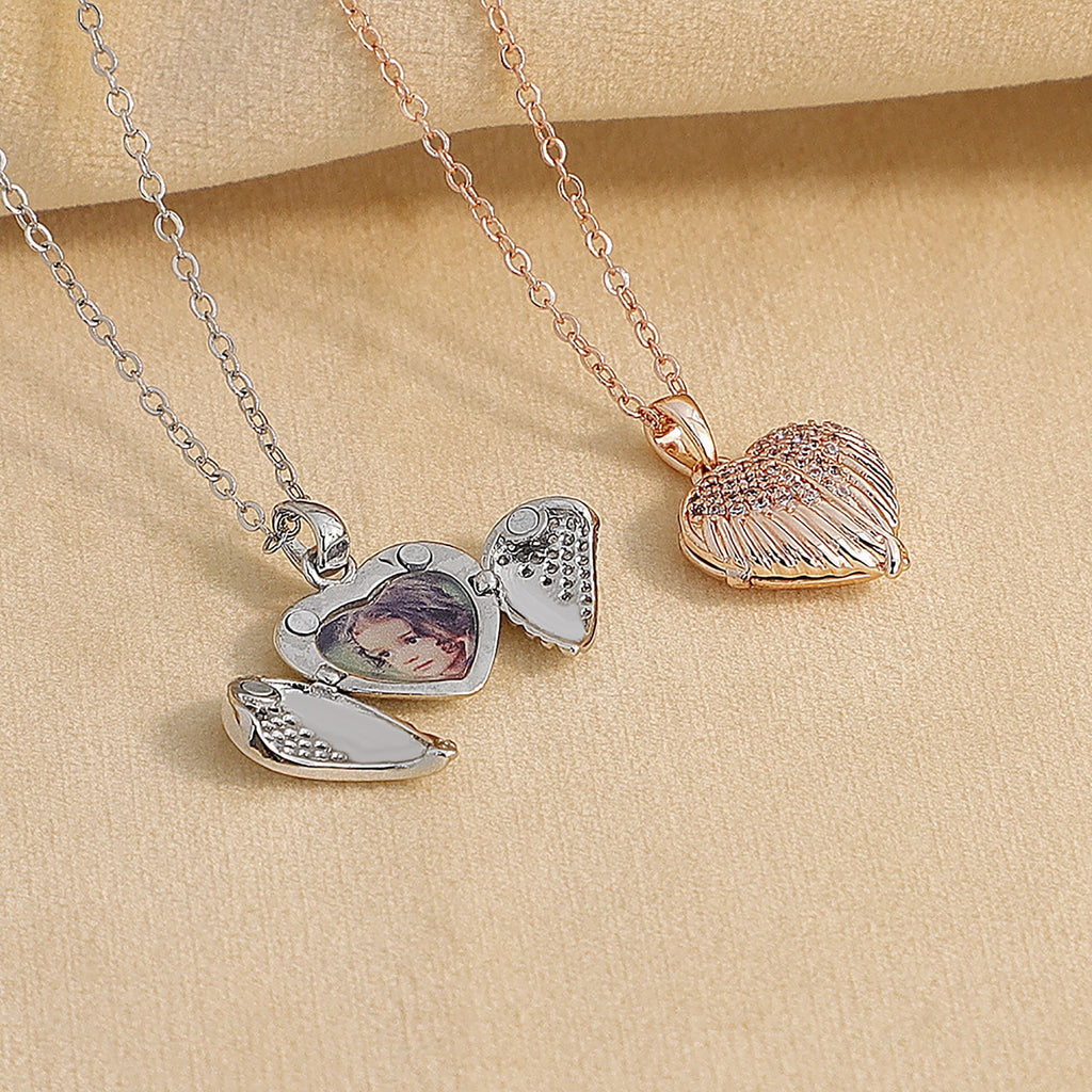Personalize Heart Locket Necklace Plated Rose Gold Silver Color Angel Wing Shape Custom Photo Pendant - MERGE.DAY.1.FREESTYLE