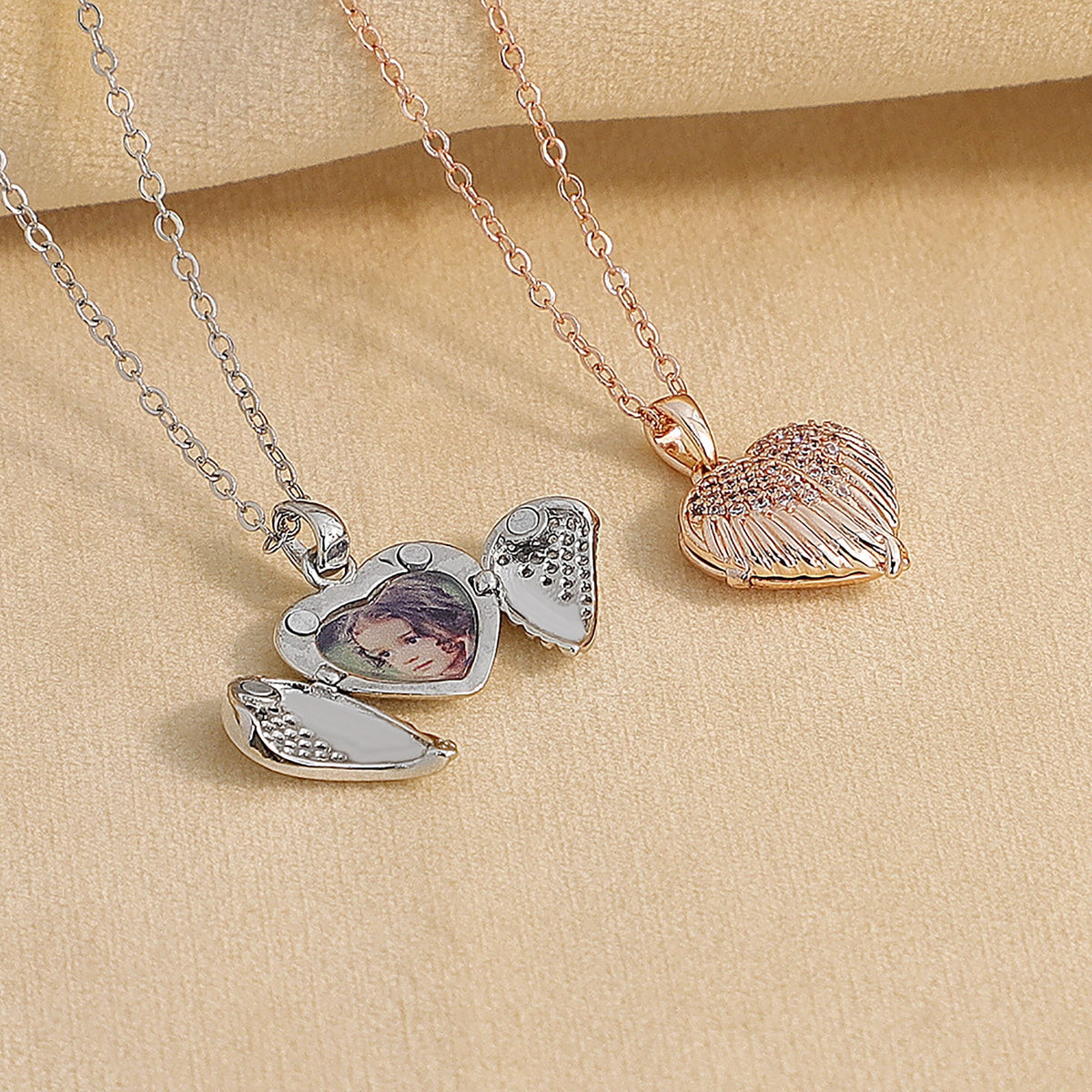 Personalize Heart Locket Necklace Plated Rose Gold Silver Color Angel Wing Shape Custom Photo Pendant - MERGE.DAY.1.FREESTYLE