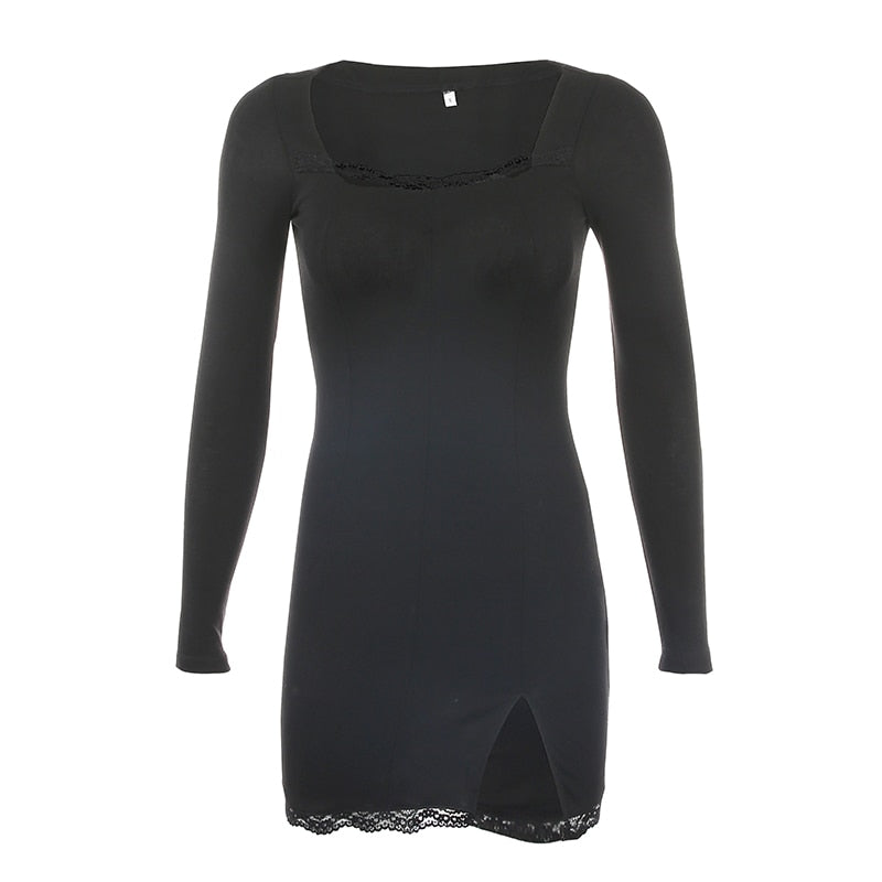 Square Neck Lace Patchwork Bodycon Black Dress Women Cotton Side Split Autumn Dress - MERGE.DAY.1.FREESTYLE