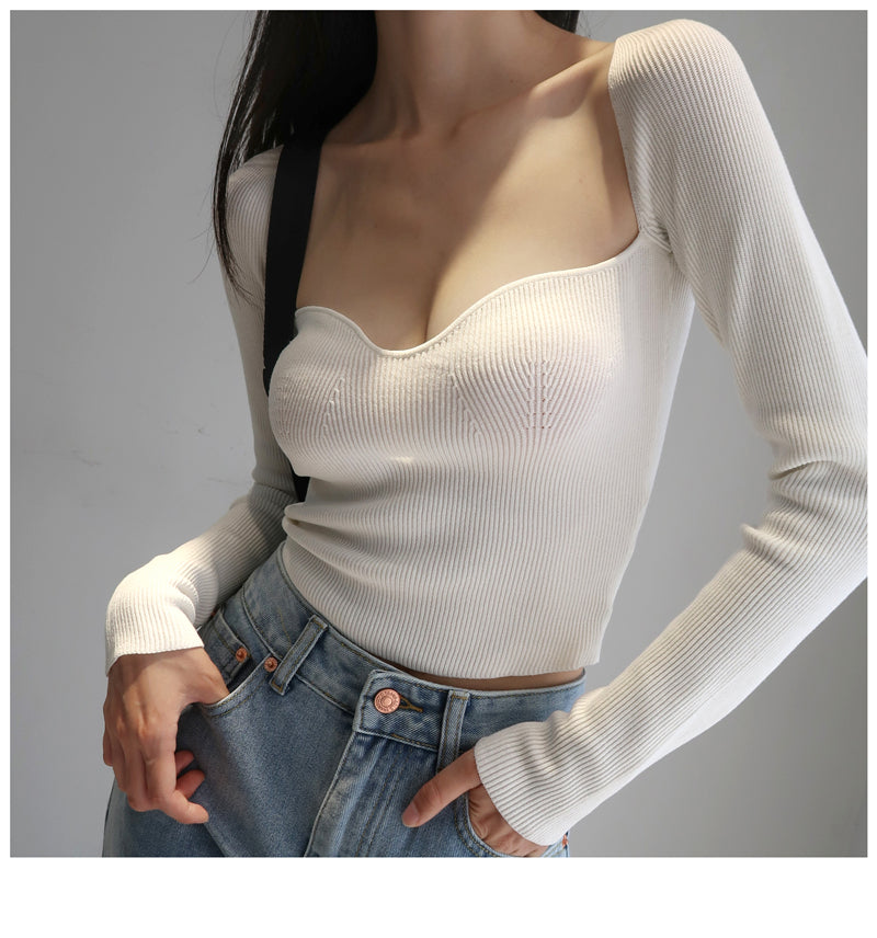 French Vintage Square Neck Knitted Tops Women Skinny Long Sleeve Pullover T-shirts Female - MERGE.DAY.1.FREESTYLE