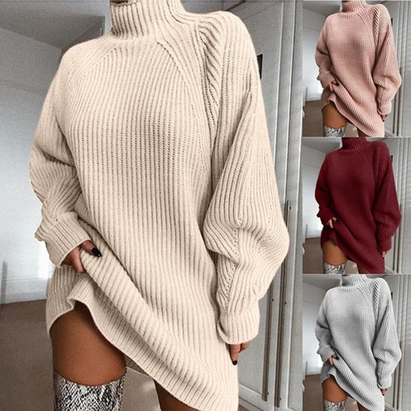 Women Turtleneck Oversized Knitted Dress Solid Long Sleeve Casual Elegant Mini Sweater Dress Plus Size - MERGE.DAY.1.FREESTYLE