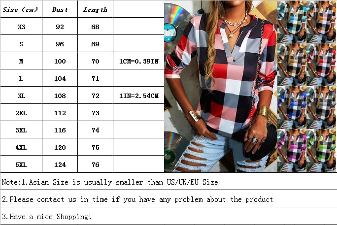 T-shirt Plaid Printed V-neck Long Sleeve Top Casual Loose Large Size Ladies T-shirt - MERGE.DAY.1.FREESTYLE