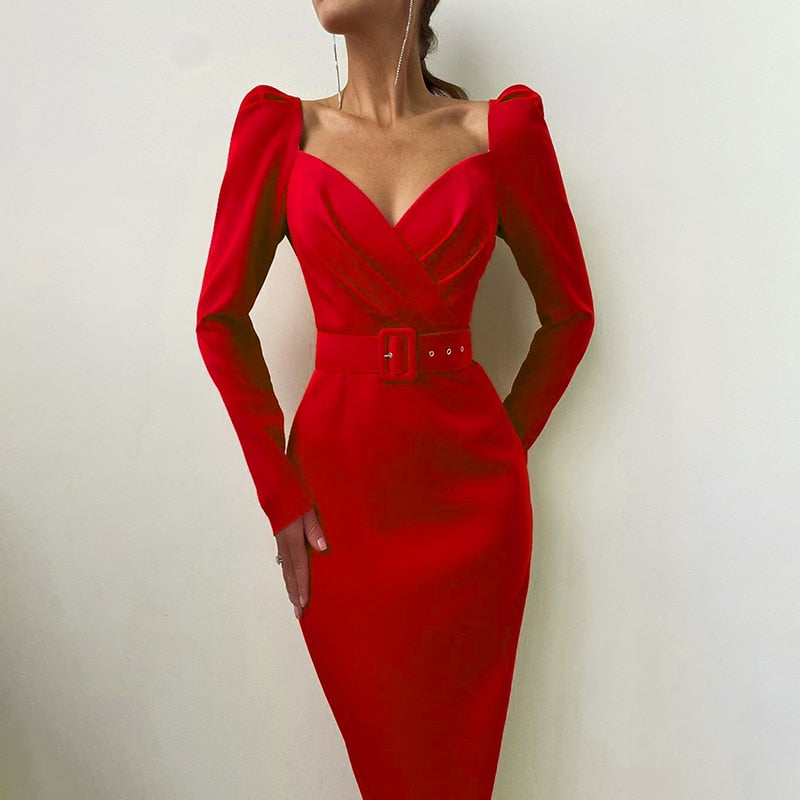 Slim V Neck Long Sleeve Mid Calf Pencil Dress 2022 Casual Office Lady Solid Red Puff Sleeve - MERGE.DAY.1.FREESTYLE