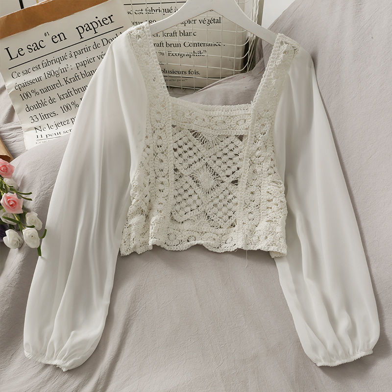 Vintage Women Thin Shirts Hollow Puff Sleeve Square Collar Slim Blouses Ladies Tops - MERGE.DAY.1.FREESTYLE