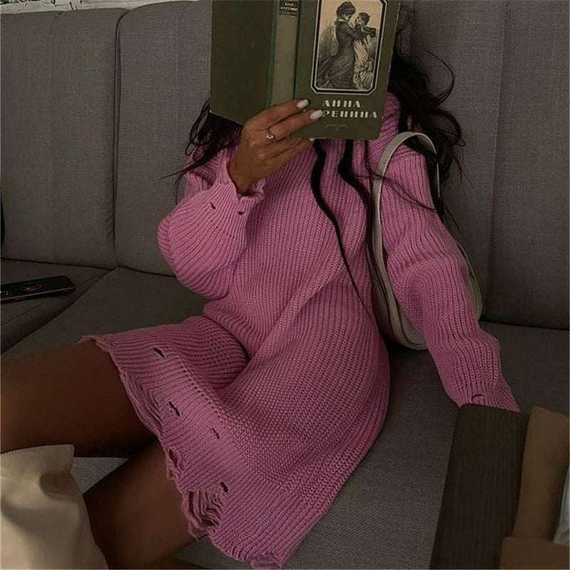 O Neck Oversized Mini Knitted Women Sweater Loose Dresses Autumn Winter Long Sleeve - MERGE.DAY.1.FREESTYLE