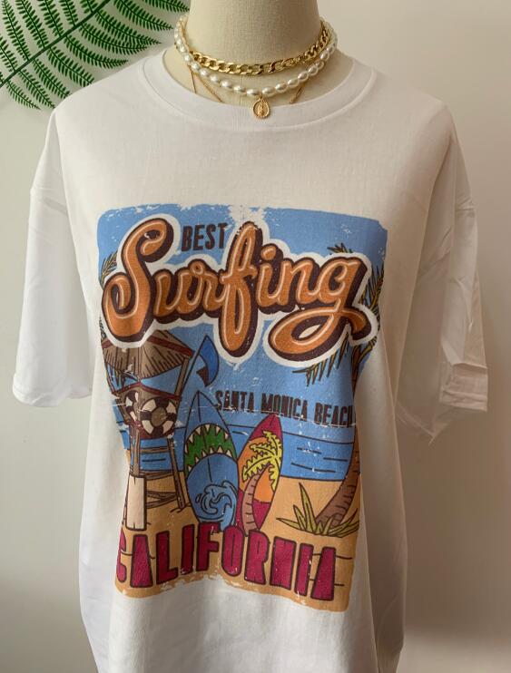 1pcs WHITE Tees Summer Casual Oversized Tee Best Surfing Santa Monica California Womens Retro Style - MERGE.DAY.1.FREESTYLE