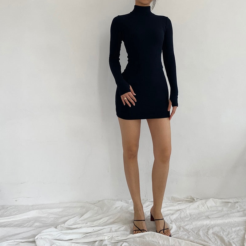Spring Autumn Fashion Turtleneck Skinny Mini Dress Women Rib Knit Keep Warm Long Sleeve Dress - MERGE.DAY.1.FREESTYLE