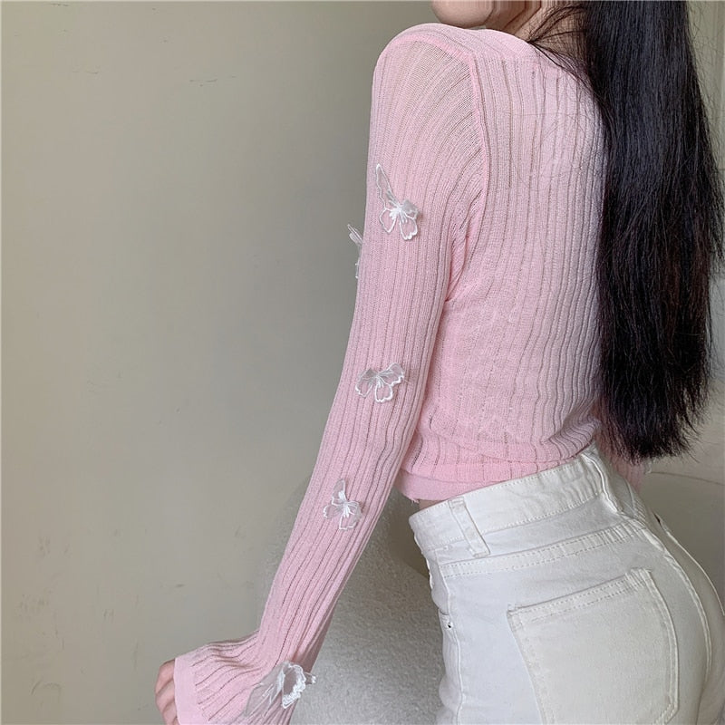 Butterfly Knit Cardigans Women V-Neck Crop Tops Ladies Summer Thin Long Sleeved - MERGE.DAY.1.FREESTYLE