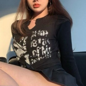 Knitted Crop Top Vintage Aesthetic Letter Printed Long Sleeve T-Shirts Sexy Slim Fit Tee Tops - MERGE.DAY.1.FREESTYLE