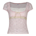 Trim Crop Top Bow Cute Sweet T Shirt Women Retro Short Sleeve Lace Patched Tshirt - MERGE.DAY.1.FREESTYLE