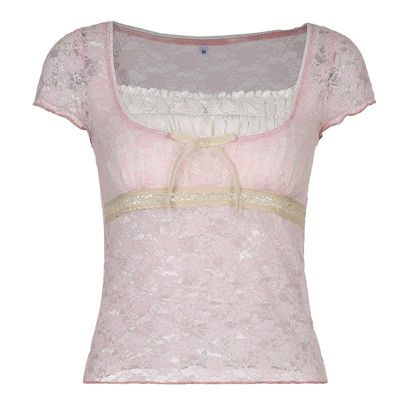 Trim Crop Top Bow Cute Sweet T Shirt Women Retro Short Sleeve Lace Patched Tshirt - MERGE.DAY.1.FREESTYLE