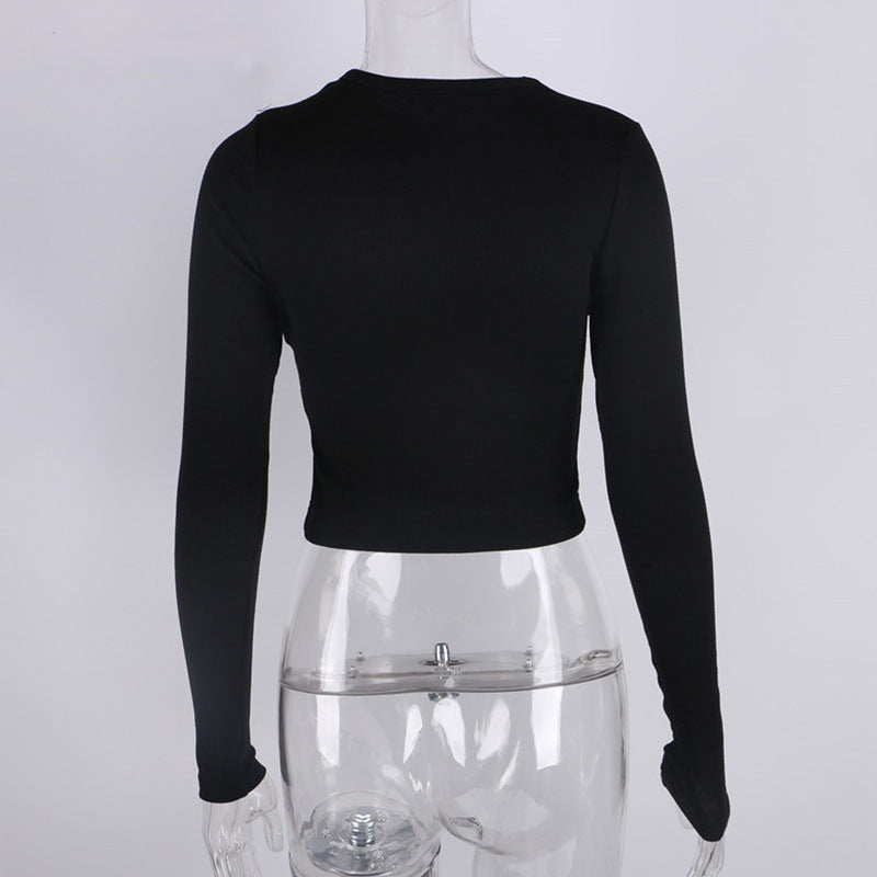 O Neck Long Sleeve Shirt Women Ribbed Sexy Cropped Tops Casual Skinny T Shirts White - MERGE.DAY.1.FREESTYLE