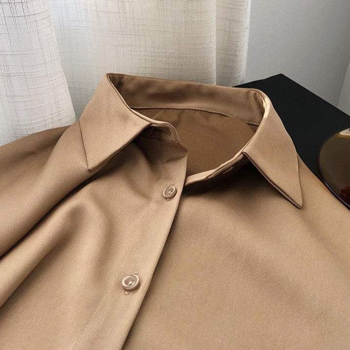 Satin Shirts Long Sleeve Turn Down Collar Elegant Office Ladies Workwear - MERGE.DAY.1.FREESTYLE