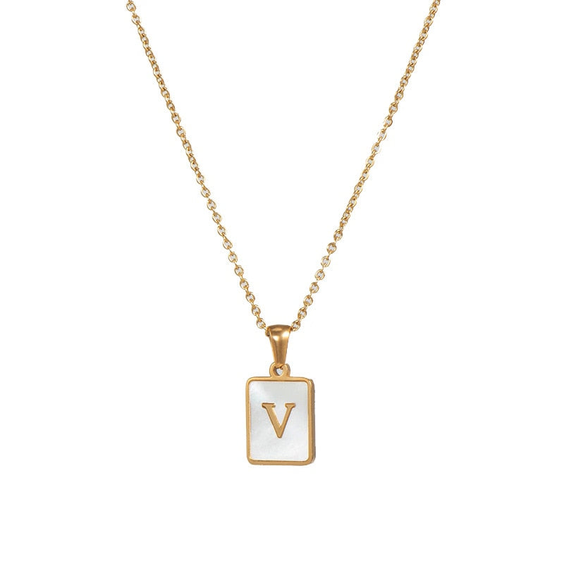 18K Golden Chain Necklaces Male Square Natural Shell Initial Letters Pendant Stainless Steel Jewelry - MERGE.DAY.1.FREESTYLE