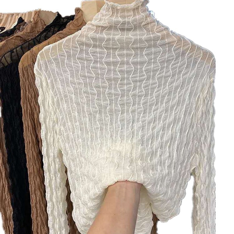 Women Lace Mesh High Collar Bottom T-shirts Female Long Sleeve Casual Style Tight Thin Tops - MERGE.DAY.1.FREESTYLE