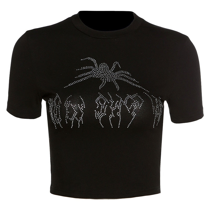 Punk Vintage Rhinestone Spider Goth Graphic T Shirt Women Y2k Style Crop Top O-neck Tshirt - MERGE.DAY.1.FREESTYLE