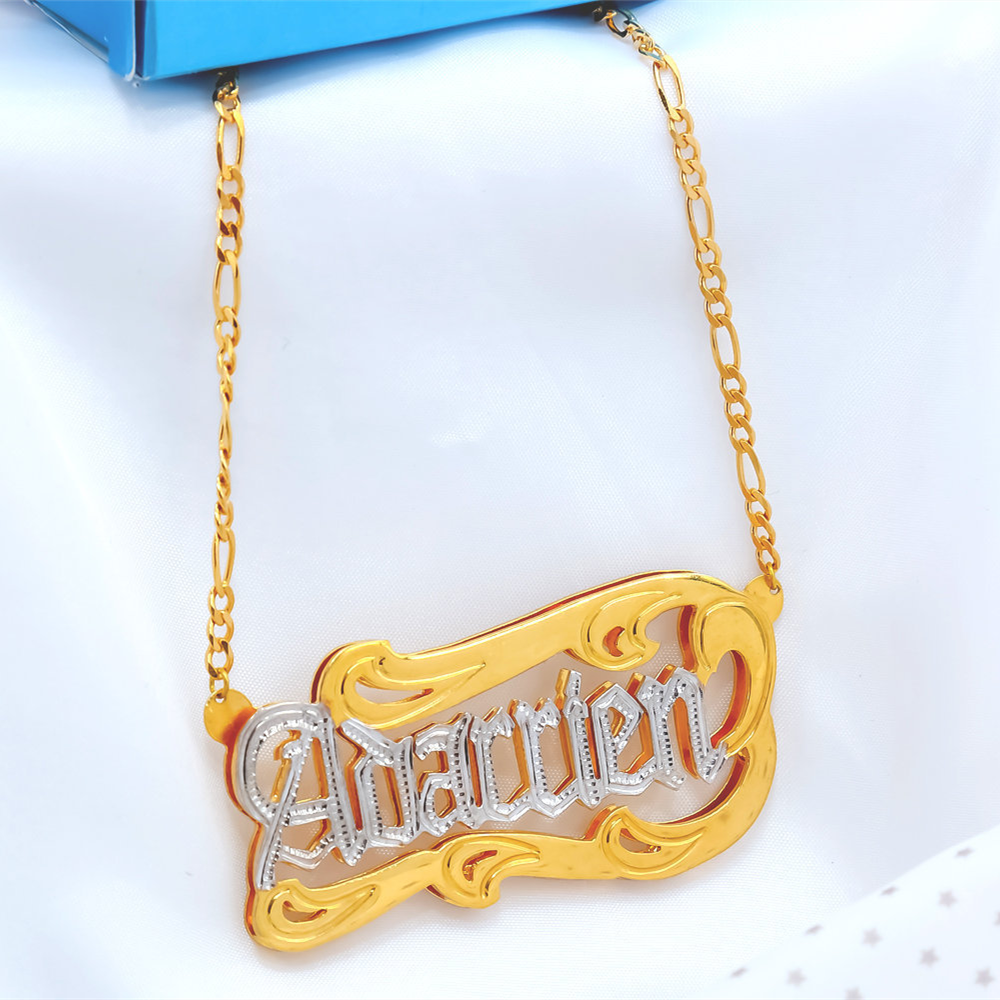Customized Nameplate Necklace Personalized Custom 3D Double Pendant Name Necklace Figaro Chain - MERGE.DAY.1.FREESTYLE