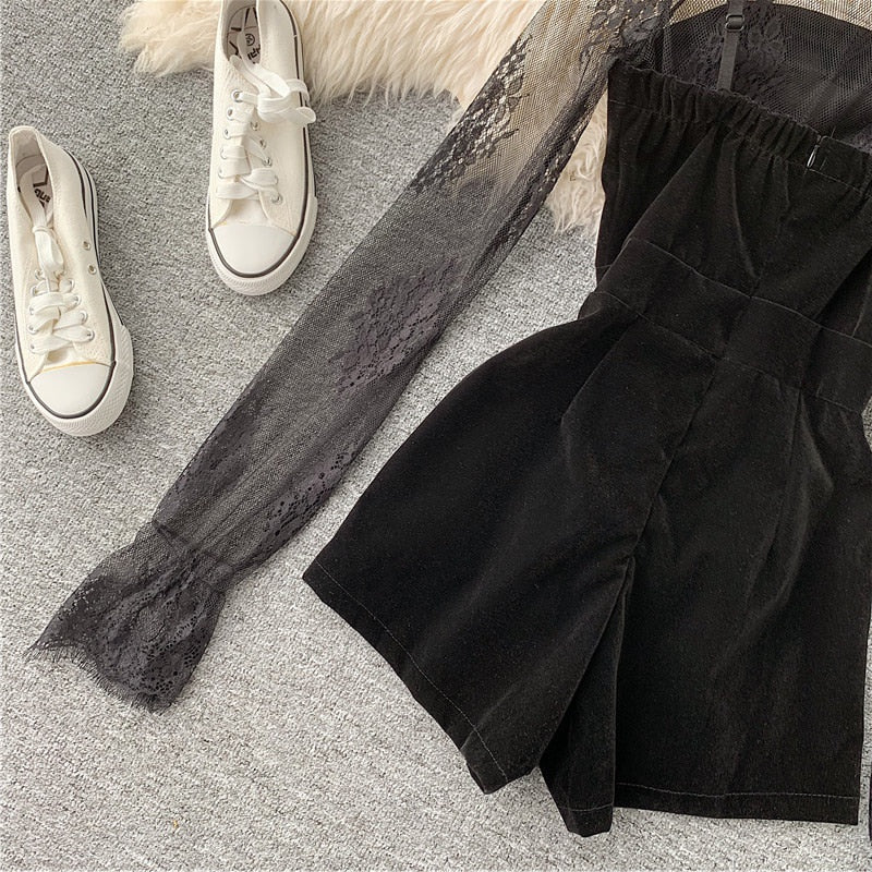 Long Sleeve Lace Embroidery Shirt Women Double Breasted Playsuits Slim Velvet Jumpsuits - MERGE.DAY.1.FREESTYLE