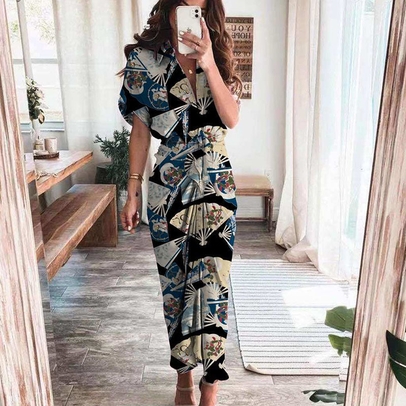 Vestido largo elegante de verano para mujer, de manga corta, con abertura, cuello tipo polo, botones y drapeado para fiesta