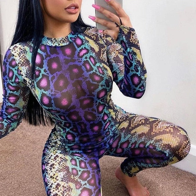 Sexy Women Jumpsuit Serpentine Print O-neck Long Sleeve Jumpsuit Backless Bodycon Jumpsuit - MERGE.DAY.1.FREESTYLE