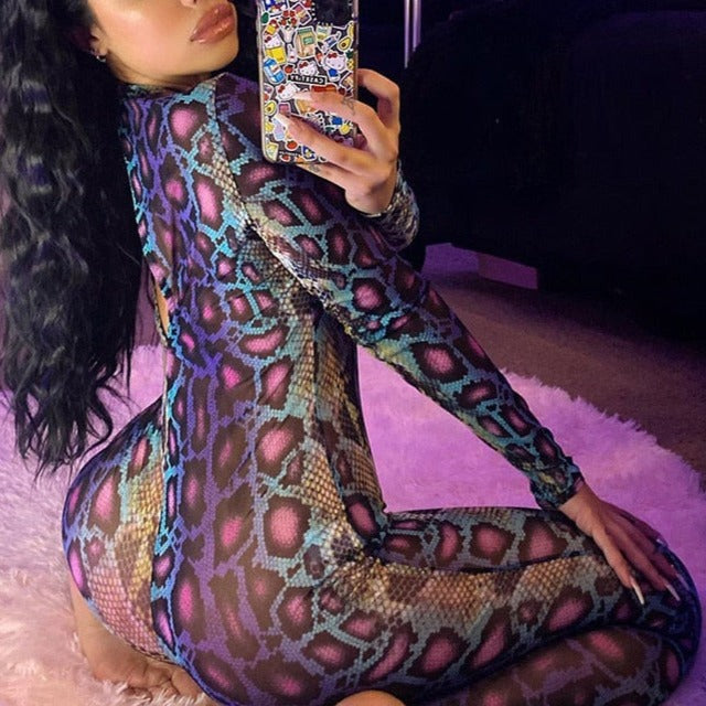 Sexy Women Jumpsuit Serpentine Print O-neck Long Sleeve Jumpsuit Backless Bodycon Jumpsuit - MERGE.DAY.1.FREESTYLE