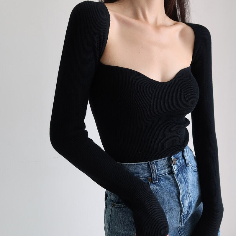 French Vintage Square Neck Knitted Tops Women Skinny Long Sleeve Pullover T-shirts Female - MERGE.DAY.1.FREESTYLE