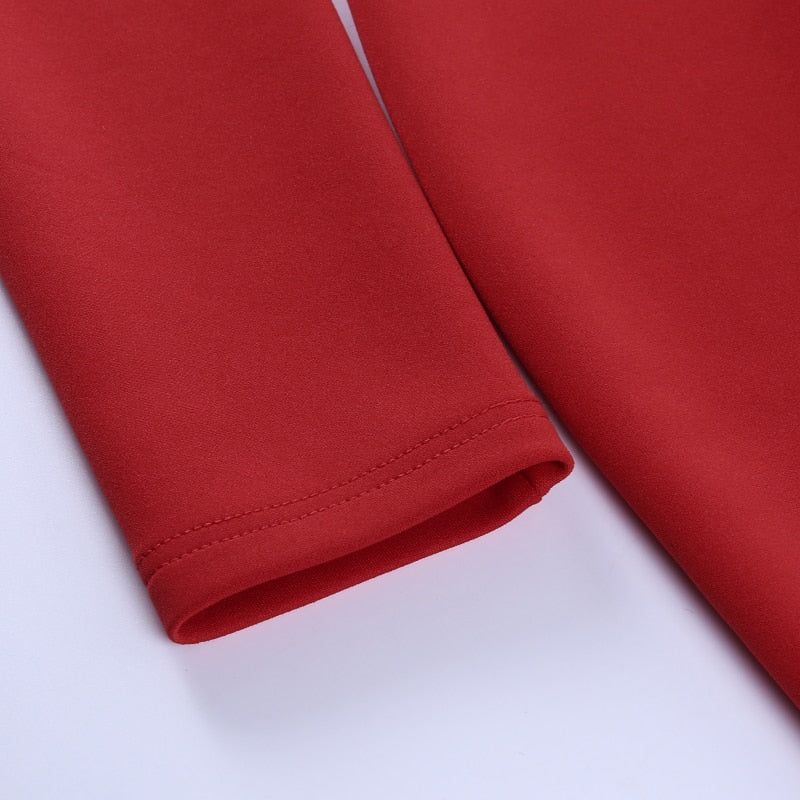 Slim V Neck Long Sleeve Mid Calf Pencil Dress 2022 Casual Office Lady Solid Red Puff Sleeve - MERGE.DAY.1.FREESTYLE