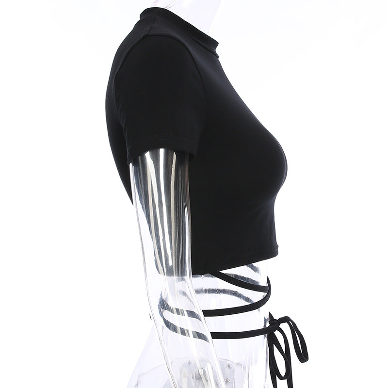 Summer Women Black Short T-Shirts Sexy Crop Tops Short Sleeve Bandage Tee Tops Female Shirts - MERGE.DAY.1.FREESTYLE