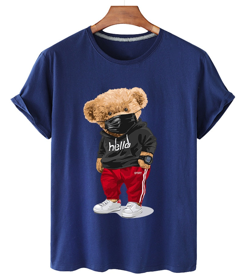 100% Cotton Sports Mask Bear Print Short-sleeved T-shirt Female Half-sleeved Casual Oversized T-shirt - MERGE.DAY.1.FREESTYLE