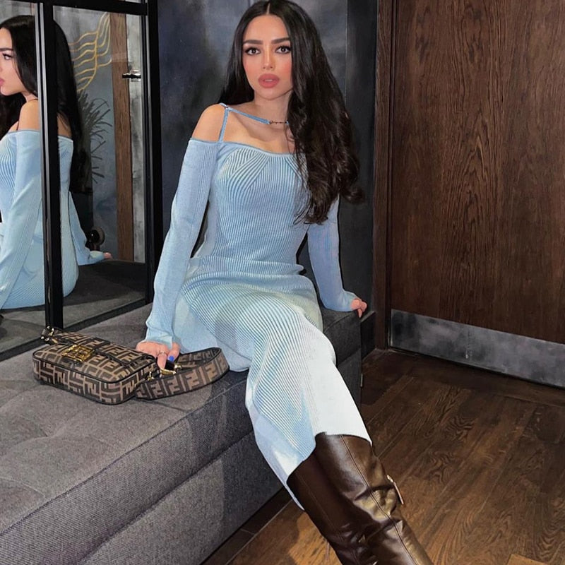 ibbed Solid Slash Neck Slip Long Sleeves Bodycon Mini Dress Streetwear Y2K - MERGE.DAY.1.FREESTYLE