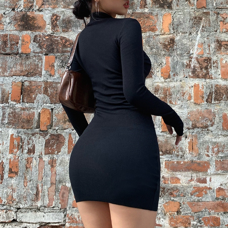 Spring Autumn Stretch Slim Soft Ribbed Knitted Turtleneck Casual Bodycon Zip Dress - MERGE.DAY.1.FREESTYLE