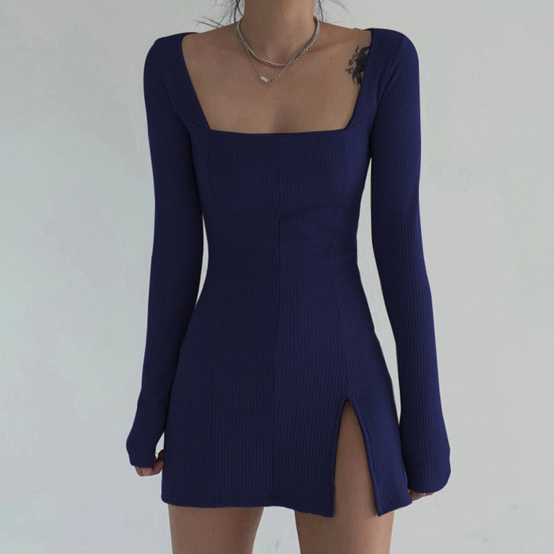 Square Neck Ribbed Black Dress Female Knitted Side Split Bodycon Dress Long Sleeve Mini Dresses - MERGE.DAY.1.FREESTYLE