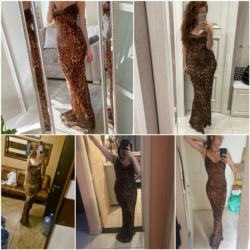 Leopard Print V-Neck Sexy Bodycon Long Dress Women Lace Up Backless Straps Beach Vestidos - MERGE.DAY.1.FREESTYLE