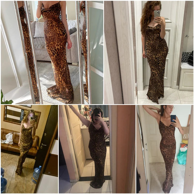 Leopard Print V-Neck Sexy Bodycon Long Dress Women Lace Up Backless Beach Vestidos - MERGE.DAY.1.FREESTYLE