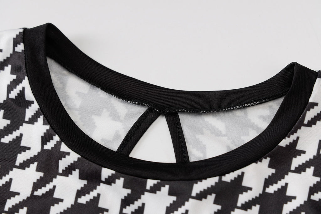 Houndstooth Print Women Long Sleeve Midi Dress Hollow Out Bodycon Streetwear - MERGE.DAY.1.FREESTYLE